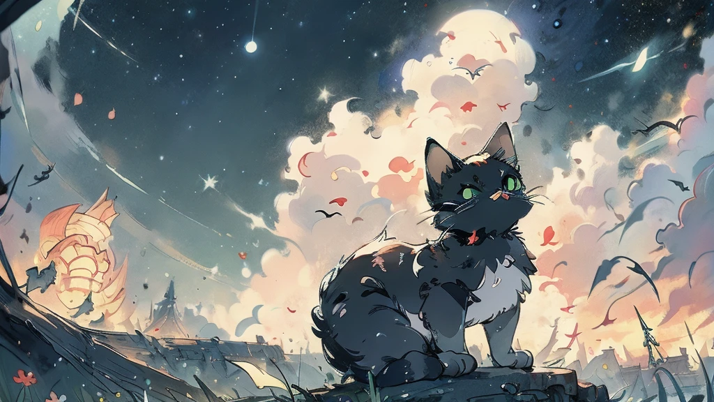 Fantasy, Night Sky, moon, Black cat standing in the corner, Emerald, moonに描かれた陰陽, Colorful Metropolitan Museum of Art、虹の空に星とmoonが描かれた川の絵、Xin Haicheng, Very detailed, Very complicated, beautiful, Majestic, Harmony, peace, Tranquility