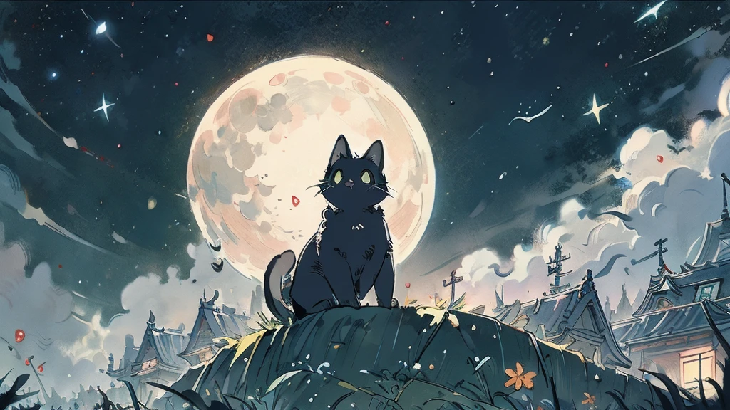 Fantasy, Night Sky, moon, Black cat standing in the corner, Emerald, moonに描かれた陰陽, Colorful Metropolitan Museum of Art、虹の空に星とmoonが描かれた川の絵、Xin Haicheng, Very detailed, Very complicated, beautiful, Majestic, Harmony, peace, Tranquility
