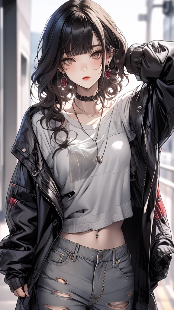 25 year old fashion model, [[[[close up]]]], [[[[chest]]]], [[[[neck]]]], [[[[shoulder]]]], perfect eyes, perfect iris, perfect lips, perfect teeth, Perfect beautiful skin, Weak headlights, glow, HDR, (muted colors:1.2)Photograph of the upper body of a beautiful woman, , [see through] , (chestใหญ่), (small waist, perfect body), Sharp focus, (tall body, mature woman), ((Looking ahead)), (Highly detailed skin, hair follicles:1.4,) (pink long hair,green eyes) , (black t-shirt:1.47),(green pants)chain,(punkร็อก) , There are tears. , สร้อยneckไม้กางเขน , Wearing a black leather jacket,  สวมchainรูปดาวไว้ที่เอวของคุณ, city scenery , punk , night light  , High quality ,Cold expression
