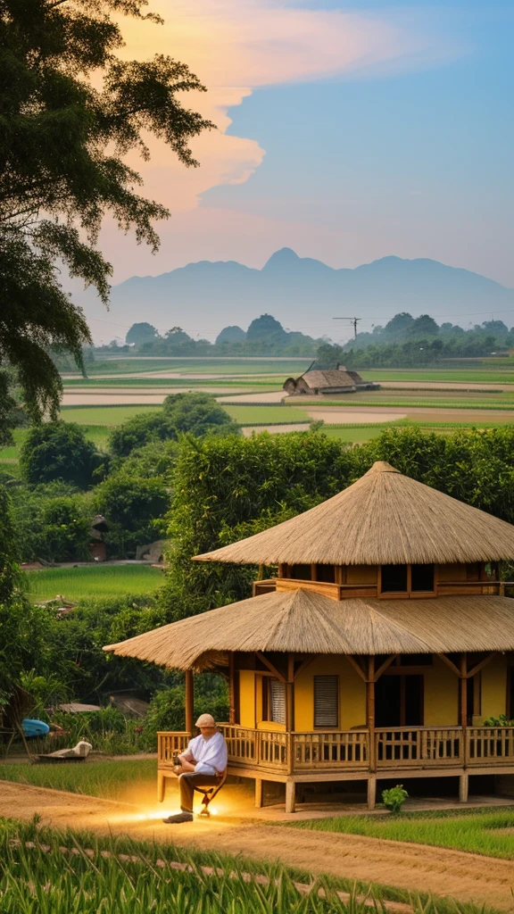 An elderly father sitting in front of a thatched house in a poor rural village in Vietnam, with rice fields nearby. Inside the house, there's a warm yellow light, and smoke rising from the kitchen at the back. The scene depicts the hardship, night, rian , photography, real picture.