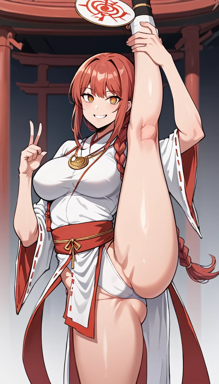 makima, braided ponytail, orange eyes, ringed eyes, shrine maiden outfit, smile, One girl, standing_split