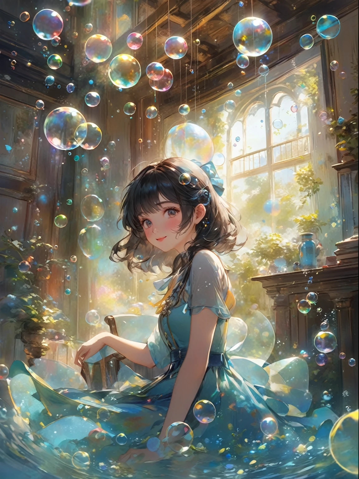Smiling anime girl in a blue dress surrounded by bubbles, guweiz on pixiv artstation, Guweiz on ArtStation Pixiv, artstation pixivでトレンド, Gweiz-style artwork, Beautiful anime artwork, Beautiful artwork illustration, By Yuumei, By Yanjun Chen, Detailed digital anime art, Beautiful anime art, Anime fantasy illustration