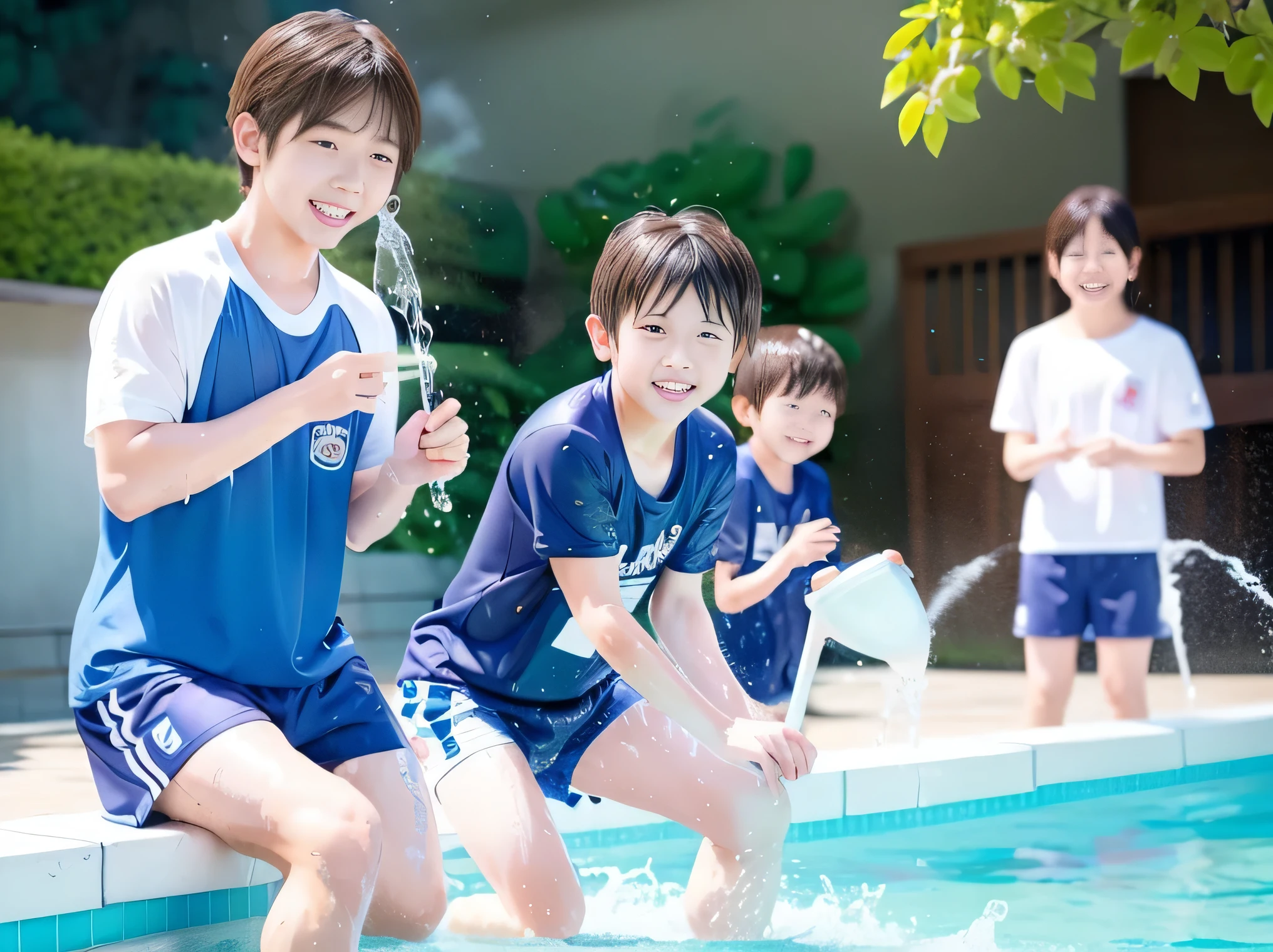 hot summer、primary school、Summer swimming pool、It is sunny、Pouring water on each other、Audible laughter、A lot of boys、Get wet all over、Japan Boy、Glowing water splashes、Pool lessons、Boy playing in water、The happy boys、Strong sunlight、Short sleeve gym uniform、Blue shorts、barefoot，There are only boys 、１０age、Highest quality、masterpiece