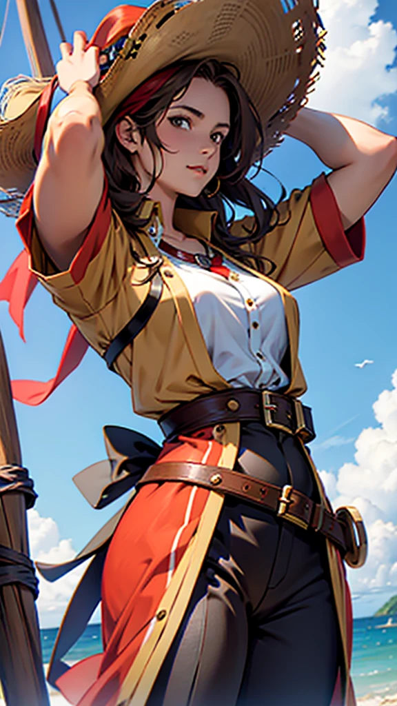 1 female, medium length brown hair, hazel eyes, wearing pirate outfit, at the helm of a pirate ship, wearing straw hat with red band, wearing straw hat