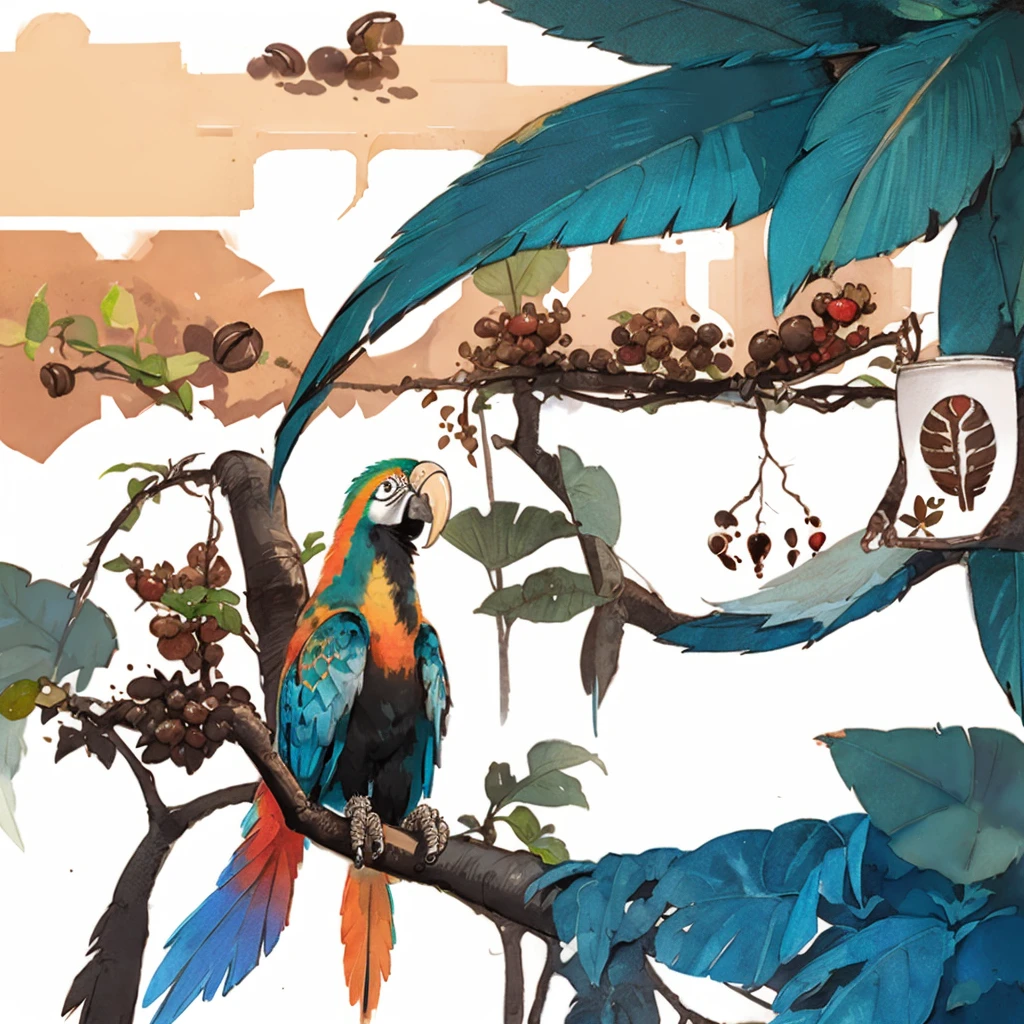 Highest quality,View of African plains,Close-up of a macaw standing on a branch,Full of coffee berries,Long leaves in the background hold up the coffee cup,Gentle and warm colors,Background color sunset,There are large coffee plantations in the distance
