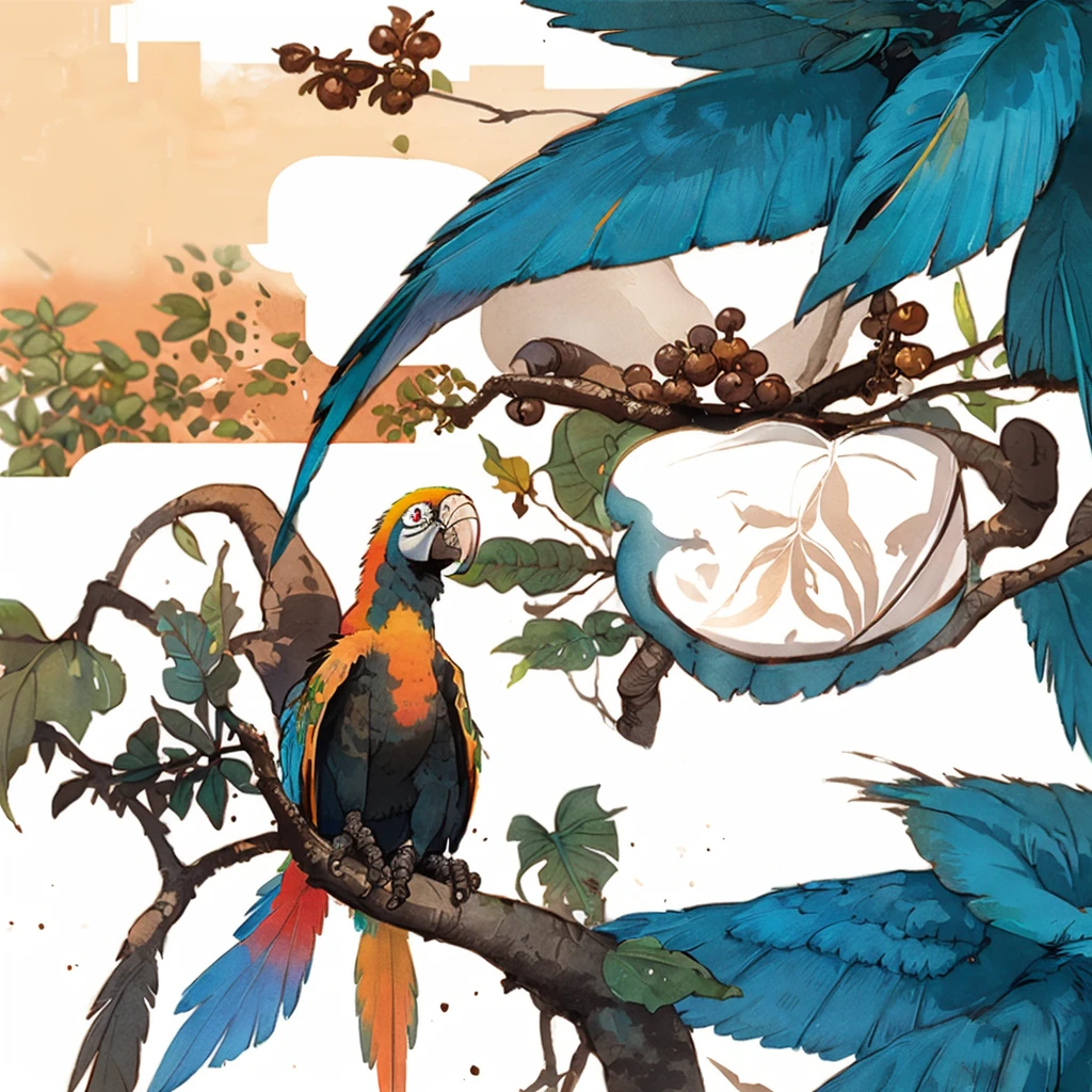Highest quality,View of African plains,Close-up of a macaw standing on a branch,Full of coffee berries,Long leaves in the background hold up the coffee cup,Gentle and warm colors,Background color sunset,There are large coffee plantations in the distance