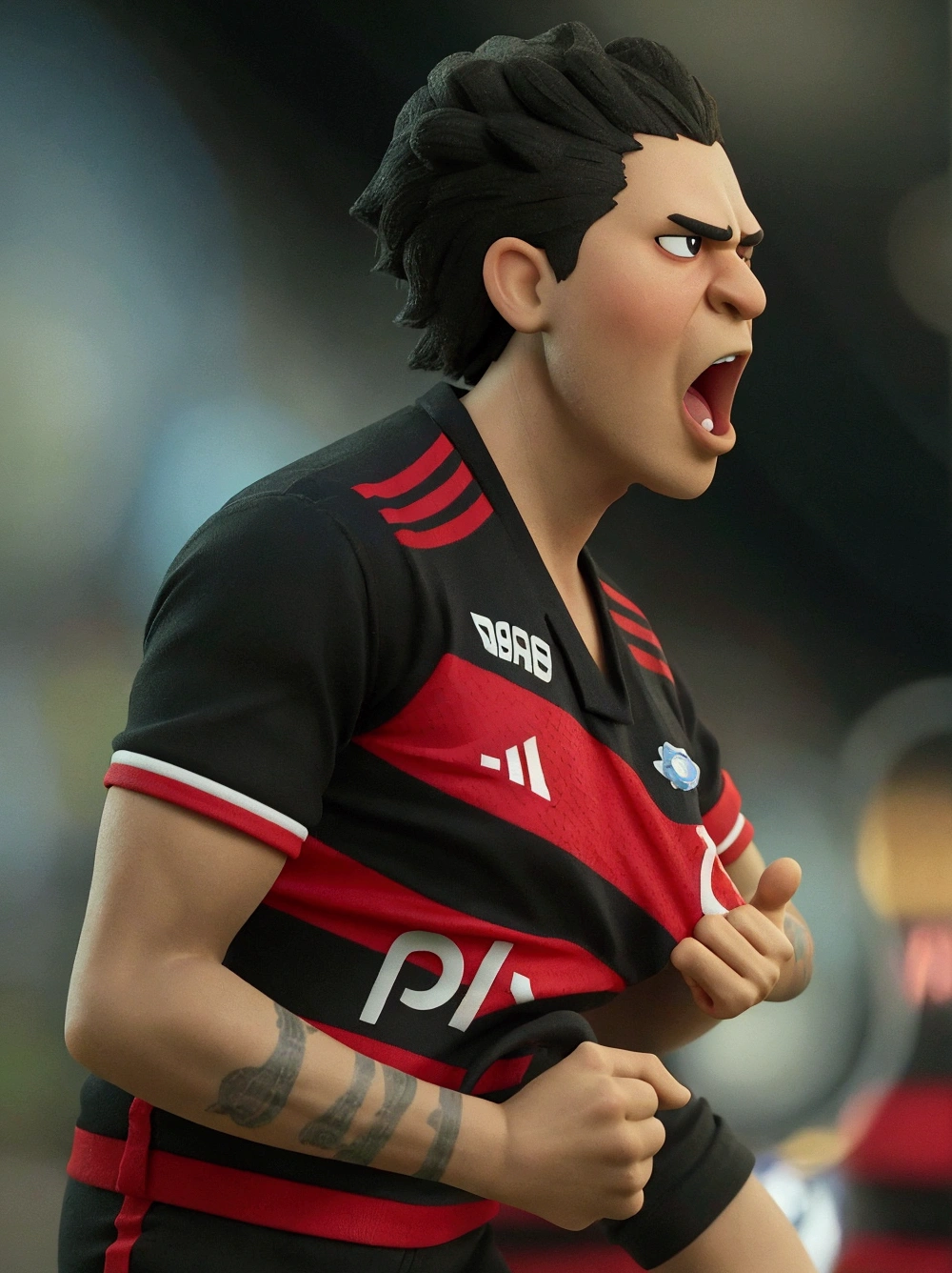 cartoon character de um jogador de futebol com camisa vermelha e preta com detalhes brancos, animation character, stylized character, animation style rendering, 3d stylized, Arnold Maya rendering, Stylized 3D rendering, toon render screenshot, 3d character, 3d character, Stylized 3D rendering, 3D character rendering, cartoon character, Character up close, character pose, (Pixar-style) (master part:1.2) (bokeh) (best qualityer) (skin detailed) (detailed texture) (8k) (Argilla) (cinematic lighting) (sharp focus)