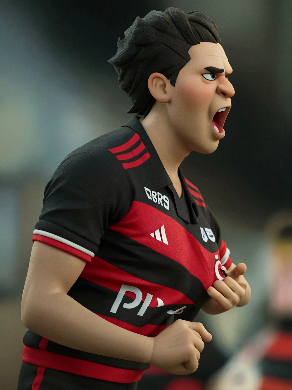 cartoon character de um jogador de futebol com camisa vermelha e preta com detalhes brancos, animation character, stylized character, animation style rendering, 3d stylized, Arnold Maya rendering, Stylized 3D rendering, toon render screenshot, 3d character, 3d character, Stylized 3D rendering, 3D character rendering, cartoon character, Character up close, character pose, (Pixar-style) (master part:1.2) (bokeh) (best qualityer) (skin detailed) (detailed texture) (8k) (Argilla) (cinematic lighting) (sharp focus)