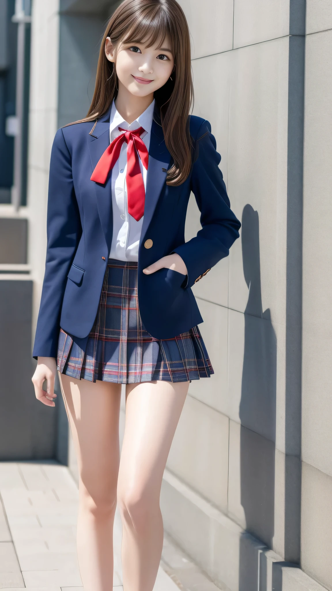Ultra-high resolution, Superior Quality, Highest quality, Very detailed, Realistic, 8k, RAW Photos, Highest quality, masterpiece, Attractive girl, Awesome girl, Brown Hair, Shoulder-length layers, asymmetrical bangs, K-POPアイドル, Sophisticated, stylish, Shibuya Ward, ((masterpiece)),(((Highest quality))),Thin thighs,Long legs,Girl standing in school corridor,red tie uniform,Dark Blue Blazer,Blue plaid skirt,18-year-old,bangs,A small smile,Random Pause,pretty girl,Slender girl,