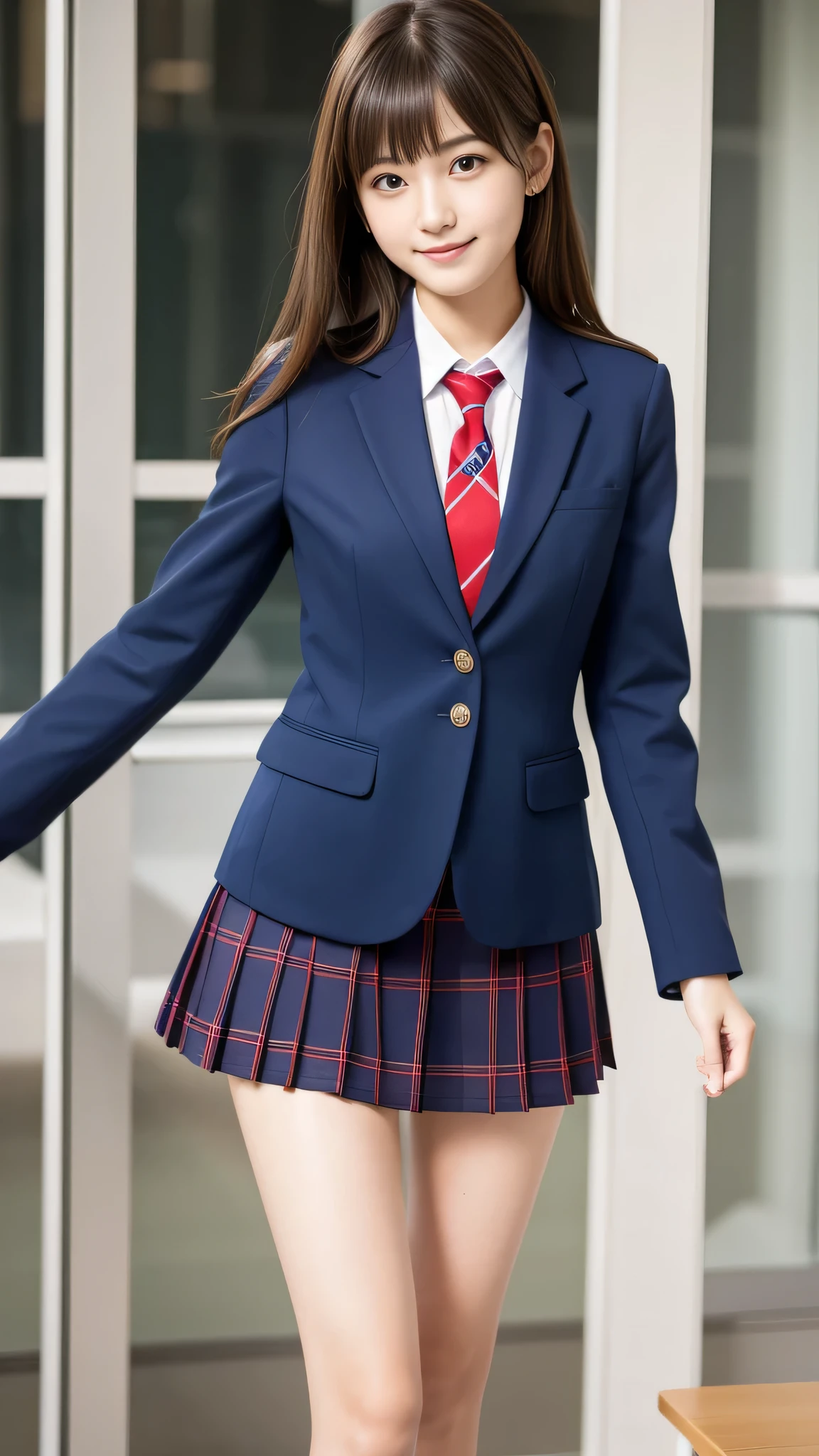 Ultra-high resolution, Superior Quality, Highest quality, Very detailed, Realistic, 8k, RAW Photos, Highest quality, masterpiece, Attractive girl, Awesome girl, Brown Hair, Shoulder-length layers, asymmetrical bangs, K-POPアイドル, Sophisticated, stylish, Shibuya Ward, ((masterpiece)),(((Highest quality))),Thin thighs,Long legs,Girl standing in school corridor,red tie uniform,Dark Blue Blazer,Blue plaid skirt,18-year-old,bangs,A small smile,Random Pause,pretty girl,Slender girl,