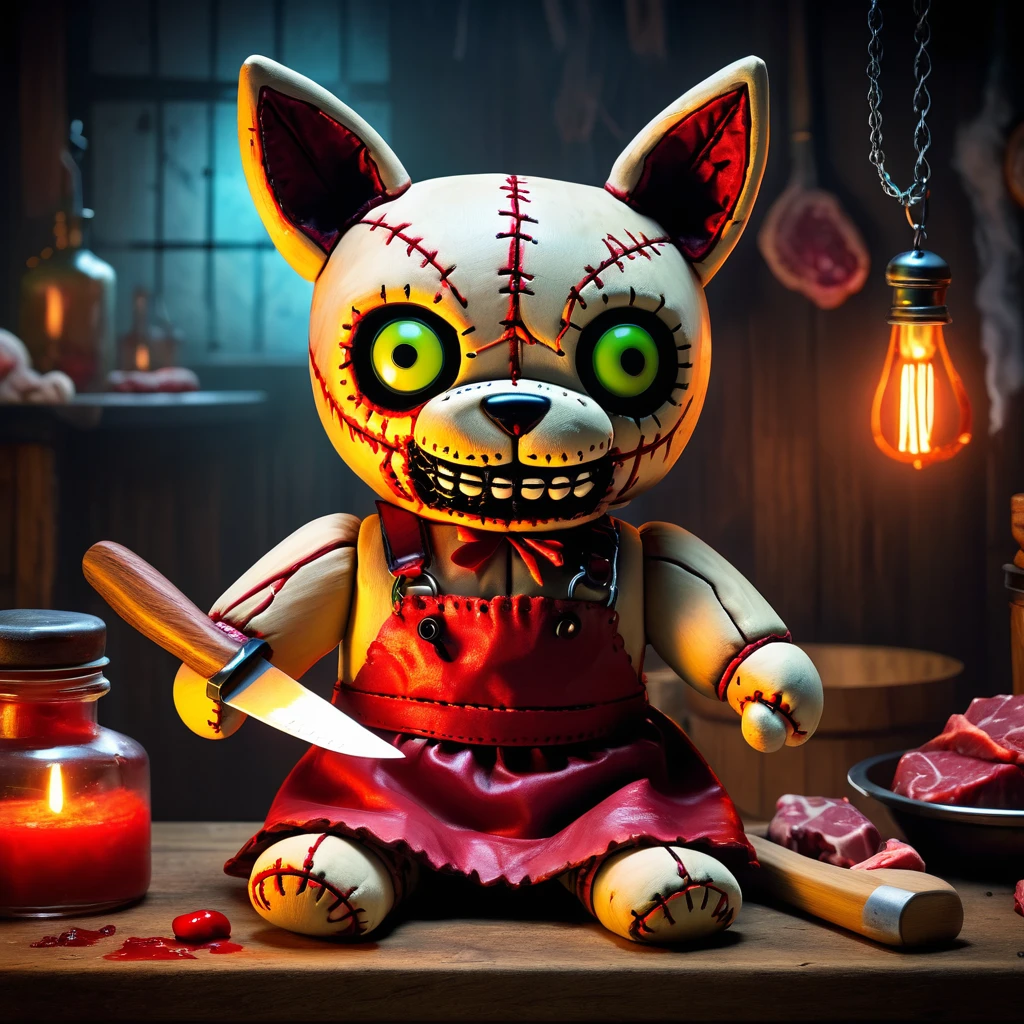 (knitted toy voodoo doll:1.7), (Voodoo Dog Butcher:1.3), (Clothing: blood-stained butcher apron with dark patterns:1.0), (Accessories: enchanted cleaver, glowing sinister meat hook:1.2), (background: grimy butcher shop with floating, glowing spectral meat and eerie mist:1.2), best quality, masterpiece, detailed soft oil painting, detailed background, dramatic cinematic lighting, soft edge lighting, professional, dramatic lighting, hard edge lighting, ultra quality, 4k,masterpiece, best quality, 8k, ultra highres, highres, extremely detailed