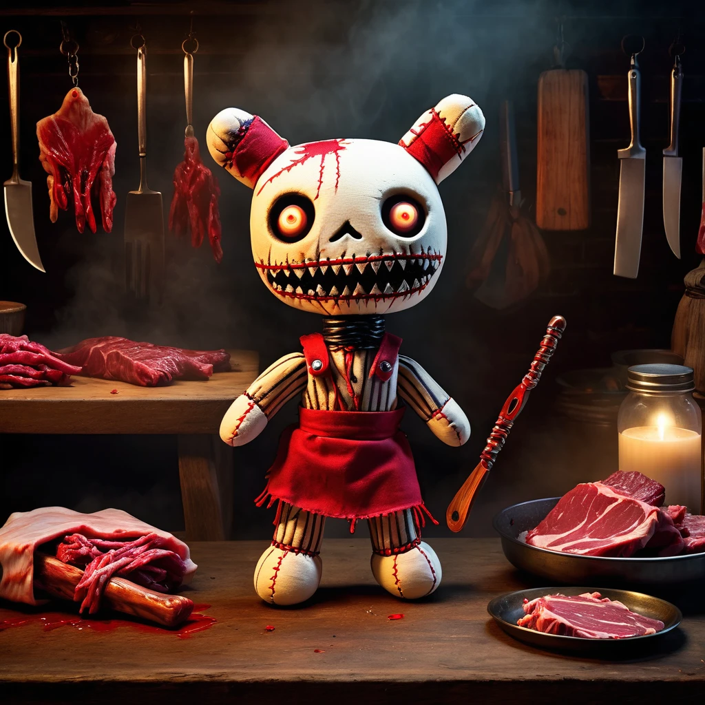 (knitted toy voodoo doll:1.7), (Voodoo Dog Butcher:1.3), (Clothing: blood-stained butcher apron with dark patterns:1.0), (Accessories: enchanted cleaver, glowing sinister meat hook:1.2), (background: grimy butcher shop with floating, glowing spectral meat and eerie mist:1.2), best quality, masterpiece, detailed soft oil painting, detailed background, dramatic cinematic lighting, soft edge lighting, professional, dramatic lighting, hard edge lighting, ultra quality, 4k,masterpiece, best quality, 8k, ultra highres, highres, extremely detailed