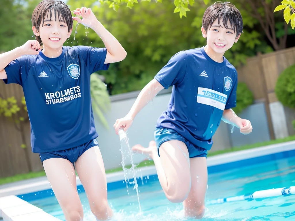 hot summer、、Summer swimming pool、It is sunny、Pouring water on each other、Audible laughter、A lot of boys、Get wet all over、Japan Boy、Glowing water splashes、Pool lessons、Boy playing in water、The happy boys、Strong sunlight、Short sleeve gym uniform、Blue shorts、barefoot,There are only boys 、10age、Highest quality、masterpiece