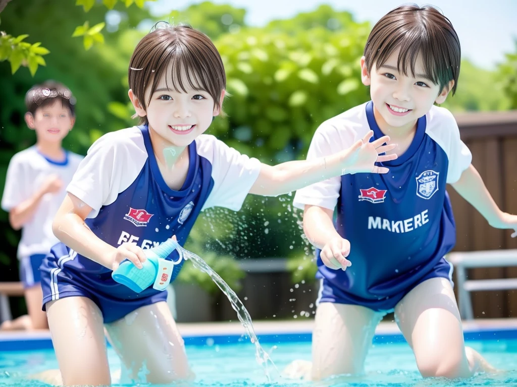 hot summer、primary school、Summer swimming pool、It is sunny、Pouring water on each other、Audible laughter、A lot of boys、Get wet all over、Japan Boy、Glowing water splashes、Pool lessons、Boy playing in water、The happy boys、Strong sunlight、Short sleeve gym uniform、Blue shorts、barefoot,There are only boys 、10age、Highest quality、masterpiece