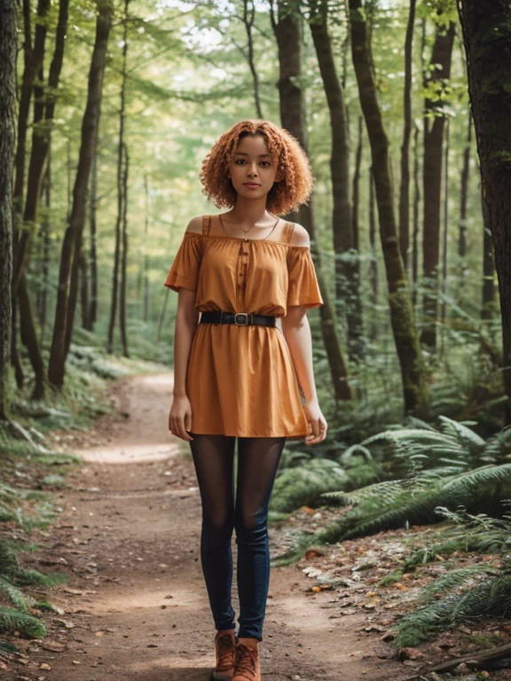 17 year old girl, Lovely, orange hair, Very short, Very curly, slim, flat bust, with freckles on the face, with slavic features, unknotting, leaning on tree, Whole body, two hands, shows her pretty legs, In the woods.