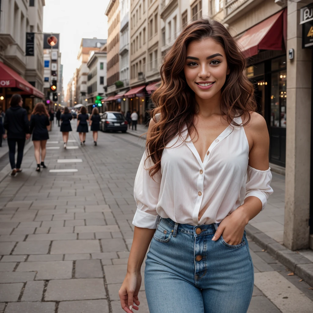 A 22-year-old woman with an elegant appearance. A 22-year-old model posing in a busy urban street during the day. The city skyline is visible in the background. My long, wavy chestnut hair cascades over my shoulders and frames my face, highlighting my green eyes. My full, dark red lips are shaped into a smile. My button nose is sprinkled with freckles, contrasting with my tanned skin. My eyebrows are thick and dark, giving me a seductive look. My cheekbones are high and defined, and my eyelashes are long and curled. My curves are accentuated. My pose is elegant and relaxed, with my body facing the camera and my face turned to one side. I’m wearing a chic blouse and high-waisted jeans, perfect for a day out in the city. My hair is loose, and my makeup is light and natural. The shot is taken from a distance, with the camera positioned slightly lower to emphasize my beauty. There is a vibrant, dynamic atmosphere, and I am laughing and smiling, looking happy. My teeth are white. My hands are not in the frame. The photo quality is from an iPhone 13.