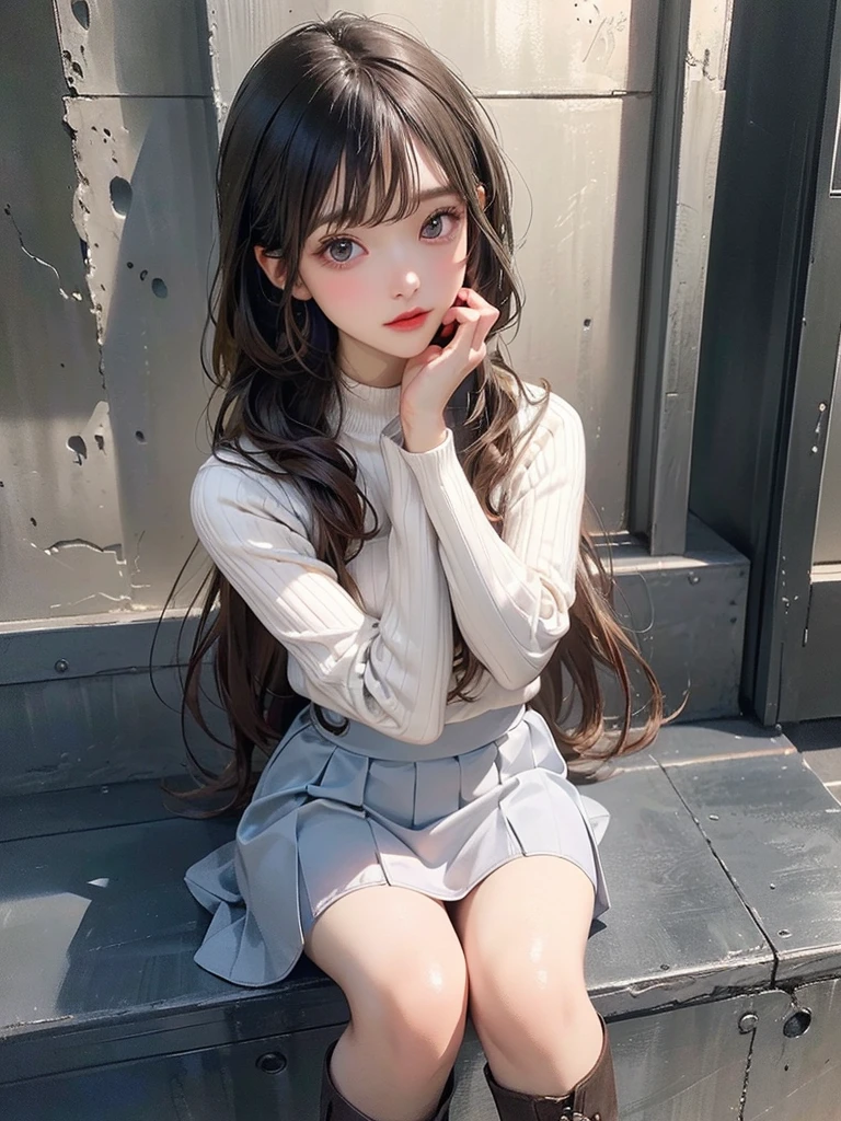 (Random pose),(Random Hairstyle),(Highest image quality,(8K),Ultra-realistic,best quality, high quality, HD, high quality texture,High Detail,Exquisite and detailed,fine,Extremely detailed CG,Detailed texture,Realistic reproduction of the face,masterpiece,Presence),Sitting，sweater,Tight mini skirt,stocking,Engineer Boots