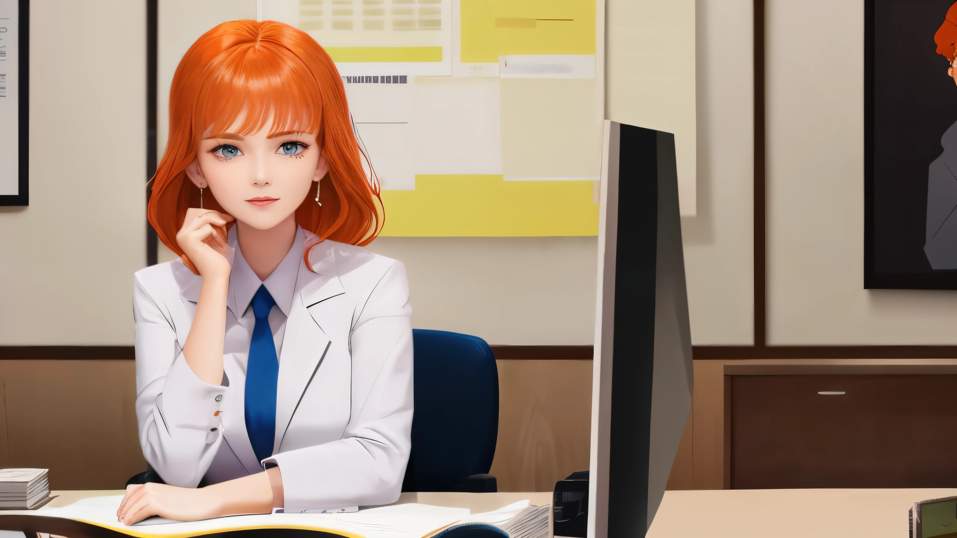 /draw orange hair woman green eyes sitting at desk talking on telephone with computer monitor, 1 9 8 0 s vaporwave business fashion, business woman, 1 9 8 0 s woman, woman in business suit, young business woman, denis velleneuve, female in office dress, sat at her desk, female lawyer, wearing a strict business suit, serious business, working hard, portrait of kim wexler