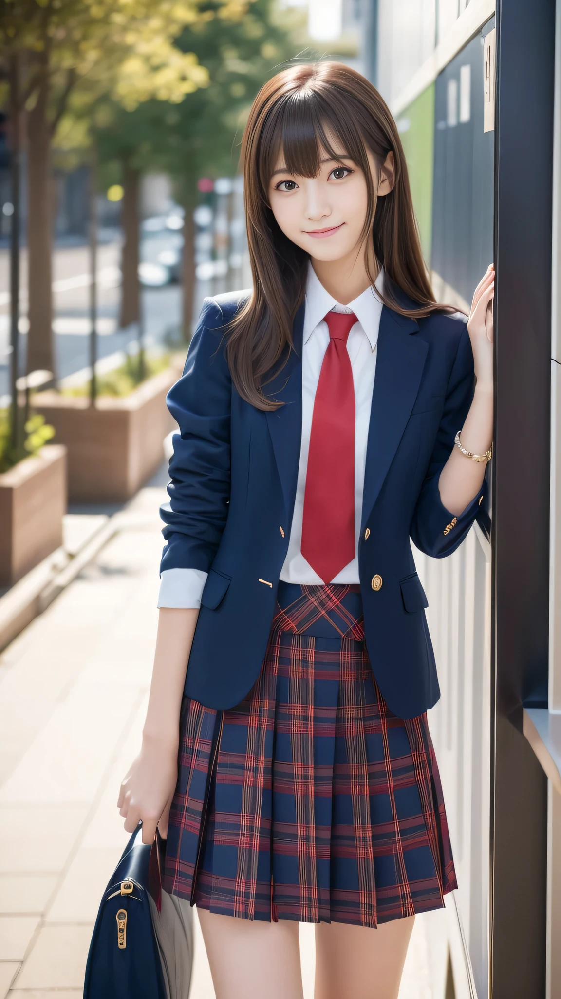Ultra-high resolution, Superior Quality, Highest quality, Very detailed, Realistic, 8k, RAW Photos, Highest quality, masterpiece, Attractive girl, Awesome girl, Brown Hair, Shoulder-length layers, asymmetrical bangs, K-POPアイドル, Sophisticated, stylish, Shibuya Ward, ((masterpiece)),(((Highest quality))),Thin thighs,Long legs,Girl standing in school corridor,red tie uniform,Dark Blue Blazer,Blue plaid skirt,18-year-old,bangs,A small smile,Random Pause,pretty girl,Slender girl,