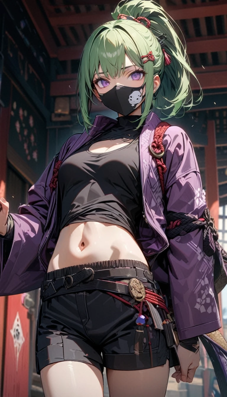 Young girl, short green hair, high ponytail, purple eyes, Japanese hairpin, mask on face, black shorts, purple Japanese jacket, black tank top, open belly, ninja, Masterpiece, best quality, Full HD, 8k, ultra details, great graphic