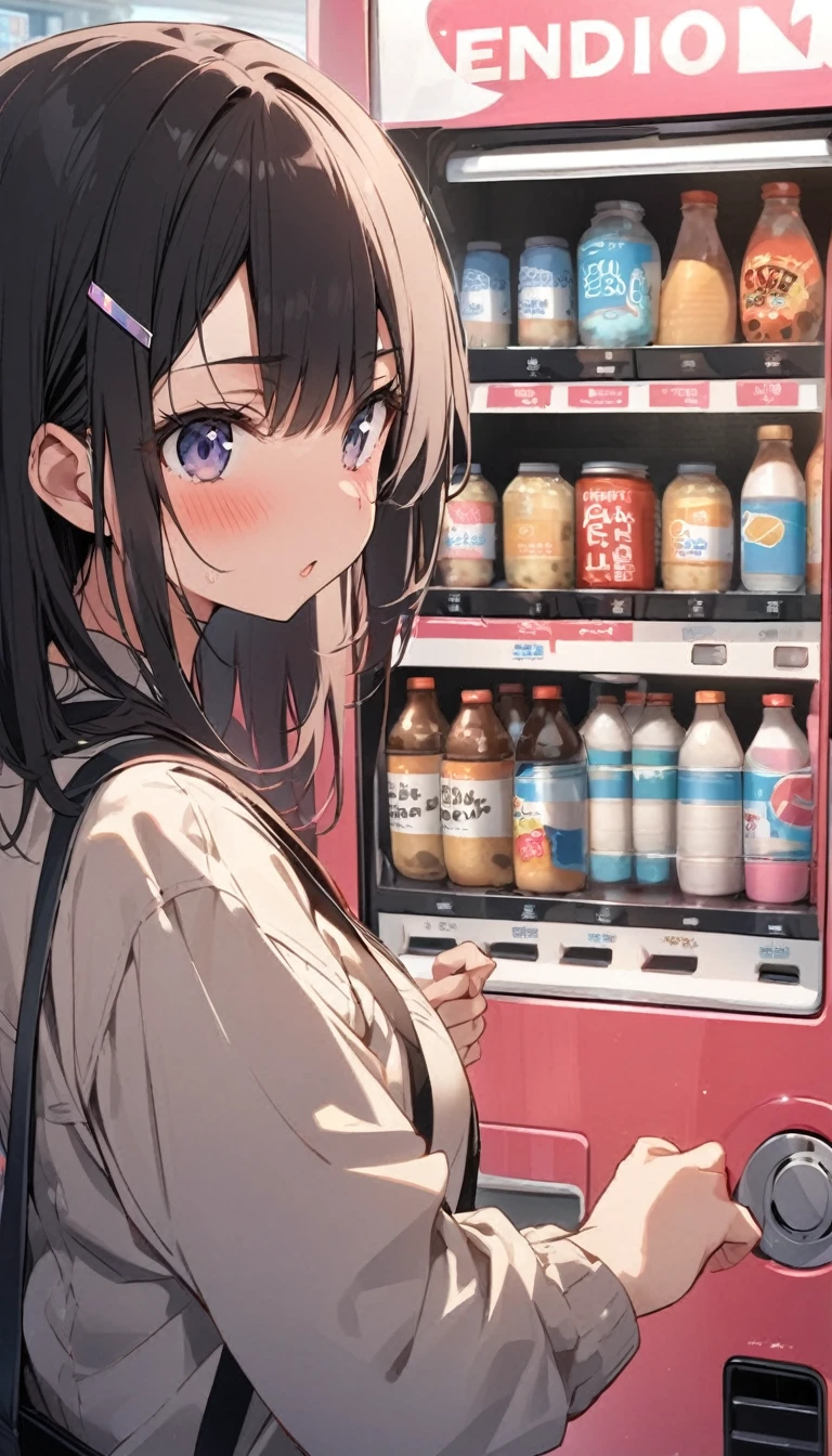 In front of the vending machine、high school girl、Black bob hair、hairpin、There&#39;s a guy standing next to me with his penis out.、Penis in front of face、Open-mouthed expression of joy、Drooling((She stares at my penis with pleasure))、Hearts in the eyes、Large Breasts、Deep valley、nsfw