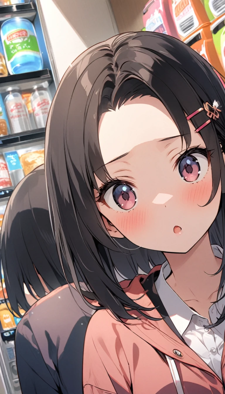 In front of the vending machine、high school girl、Black bob hair、hairpin、Open-mouthed expression of joy、Drooling((She stares at my penis with pleasure))、Hearts in the eyes、Large Breasts、Deep valley、nsfw