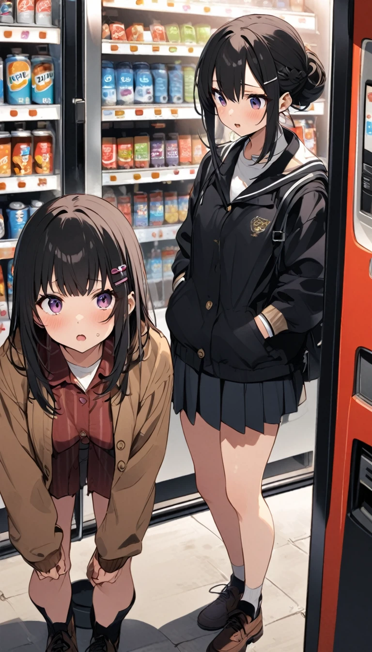 In front of the vending machine、high school girl、Black bob hair、hairpin、There&#39;s a guy standing next to me with his penis out.、Penis in front of face、Open-mouthed expression of joy、Drooling((She stares at my penis with pleasure))、Hearts in the eyes、Large Breasts、Deep valley、nsfw