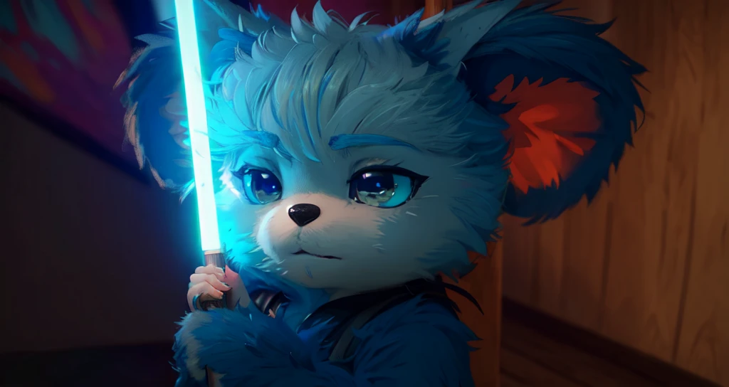 (((Barefoot furry character, full body, cinematic setting, furry male, plantigrade))), star wars Jedi, Nubs Pooba, cute bear-like creature, blue fur

BREAK, detailed background, 8K, (masterpiece:1.5), intricate details, highly detailed, extreme detail, octane render, fine art, best quality, highres, (detailed face:1.5), ((full_body)), UHD, (((perfect hands))), (((perfect feet))), low light
