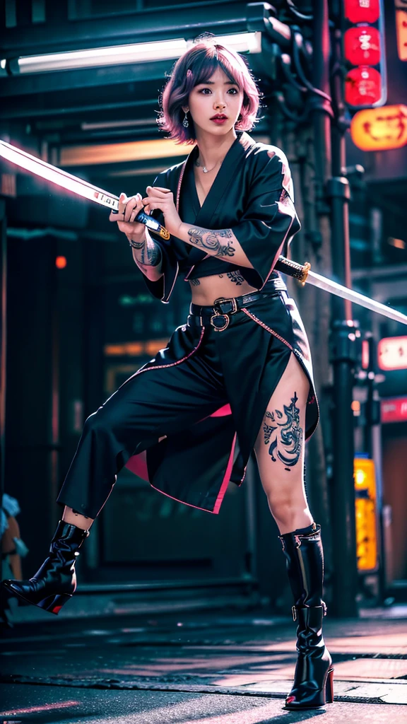 Beautiful Chinese woman, (16 years old), cute face, red lips, white moist skin, moles, (under-eye bags),
BREAK,
Feminine body with high athletic ability, Body of a female fitness model, Feminine body with hard tones, (Muscles: 1.2), (Beautiful belly button),
BREAK,
Fighter, Kung Fu fighter, Idol, (Yakuza), (Yakuza),
BREAK,
(Wearing a cute black kimono: 1.3), (Kimono with a lot of exposure), (Stiletto heels, black long boots 1.3), necklace, very large earrings, short length,
BREAK,
Short hair, (Short bob hair), (Bangs: 1.2), (Pink hair: 1.3), (Wavy hair),
BREAK,
(Very large Japanese sword: 1.4), (Holding the handle of a Japanese sword: 1.3), (Fighting: 1.2), (Getting into a fighting stance), (Beautiful blade of a Japanese sword: 1.2)
BREAK,
(Japanese tattoo: 1.4),
BREAK,
Masterpiece, Perfect lighting, Ultra high resolution, 8K, (Highly detailed: 1.4), (From the front), Looking at the camera, Melancholic expression,
BREAK,
(Tokyo city, lots of people in the background: 1.2), Shibuya city background in Tokyo, Japan, (Neon lights: 1.2)