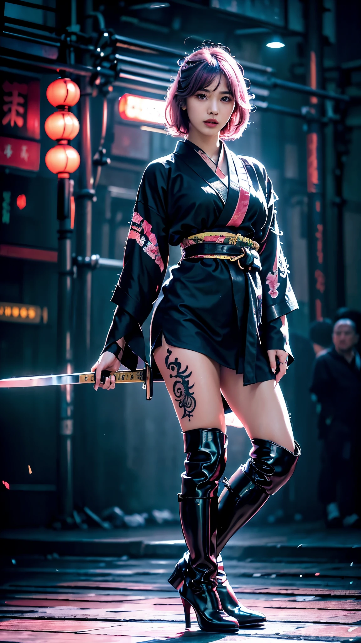 Beautiful Chinese woman, (16 years old), cute face, red lips, white moist skin, moles, (under-eye bags),
BREAK,
Feminine body with high athletic ability, Body of a female fitness model, Feminine body with hard tones, (Muscles: 1.2), (Beautiful belly button),
BREAK,
Fighter, Kung Fu fighter, Idol, (Yakuza), (Yakuza),
BREAK,
(Wearing a cute black kimono: 1.3), (Kimono with a lot of exposure), (Stiletto heels, black long boots 1.3), necklace, very large earrings, short length,
BREAK,
Short hair, (Short bob hair), (Bangs: 1.2), (Pink hair: 1.3), (Wavy hair),
BREAK,
(Very large Japanese sword: 1.4), (Holding the handle of a Japanese sword: 1.3), (Fighting: 1.2), (Getting into a fighting stance), (Beautiful blade of a Japanese sword: 1.2)
BREAK,
(Japanese tattoo: 1.4),
BREAK,
Masterpiece, Perfect lighting, Ultra high resolution, 8K, (Highly detailed: 1.4), (From the front), Looking at the camera, Melancholic expression,
BREAK,
(Tokyo city, lots of people in the background: 1.2), Shibuya city background in Tokyo, Japan, (Neon lights: 1.2)