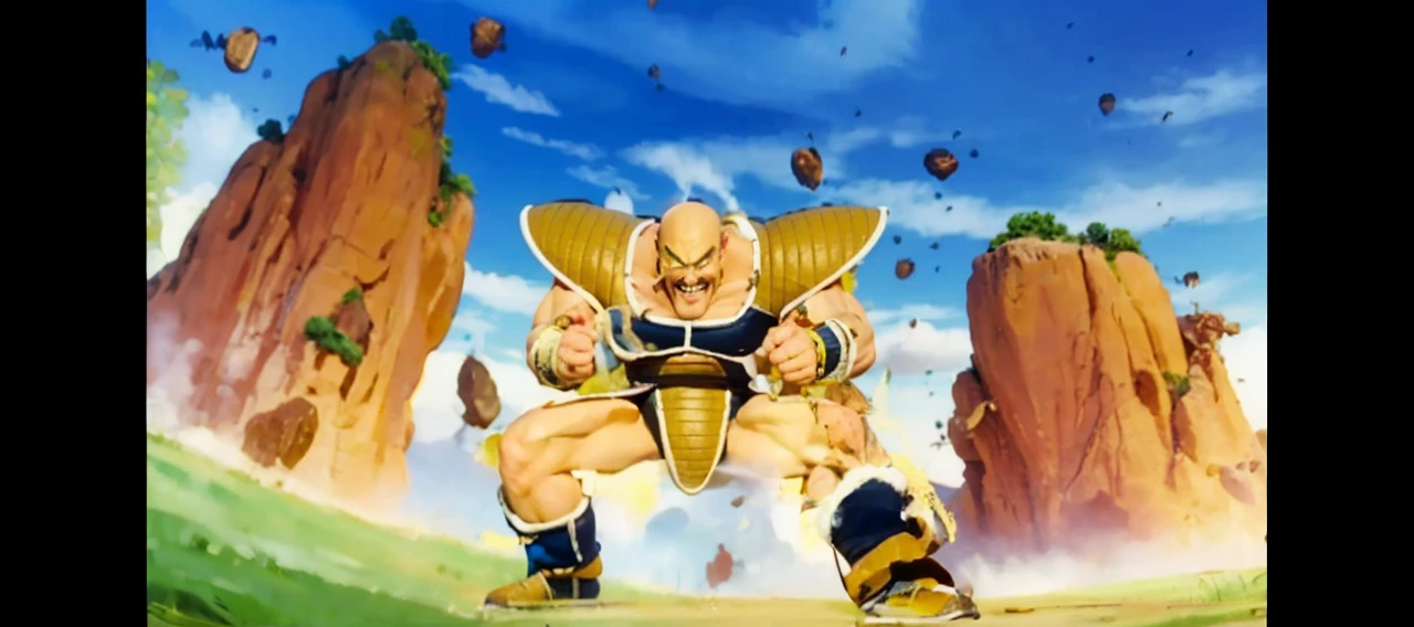 napa, bald, black eyes, mustache, muscular, dark blue saiyan armor, dark blue vambraces, dark blue boots, faulds, black briefs, tail around waist, looking at viewer, evil grin, serious, sitting, on a large rock, on a mountain, distant city, ocean, extreme detail, masterpiece,