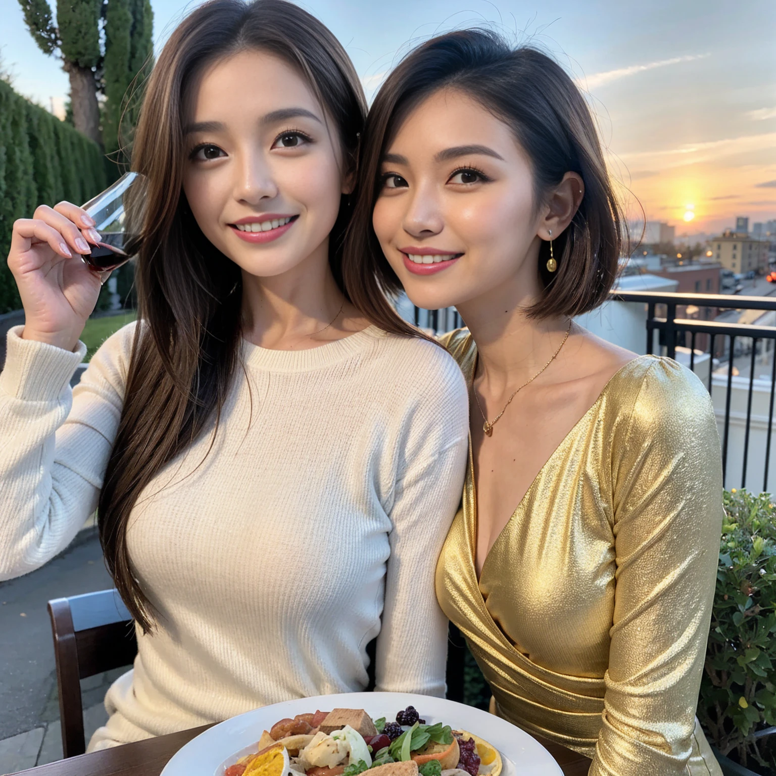 （Realistic:1.1）,(masterpiece,Highest quality)，8k,(40 years old), 42 years old, slimカップル、Model Couple、actress/actor、Tight waist,Upper Body,full-course dinner、wine 、Amazing view of the sunset sky and clouds、Perfect Anatomy, Brown Hair, short hair,Random Hairstyles,((Highly detailed face and eyes:1.2))(cute顔:1.4)，美しいactressの顔，Perfect golden ratio face，Long sleeve shirt、dress,(smile:1.2)、Shortcuts、cute、(Realistic, Intricate details:1.2), A bright smile、short hair,Bright Face、赤wine 、Appetizers、Italian food、wine bottle、Champagne、スパークリングwine、(slimな顔), (The body is slim), (Brown Hair), (Shortcuts),  Upper Body, 白wine, slim, wineグラス, 