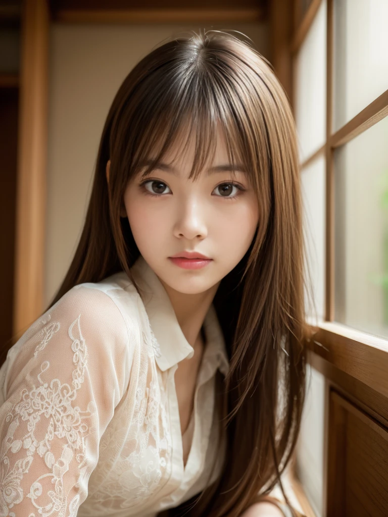 Highest quality, Face Focus, Soft Light, Ultra-high resolution, (Realistic:1.4), RAW Photos,
1 Japanese girl, alone, cute, (pupil, Light in your eyes),  Beautiful face in every detail, (Small box),(High resolution detail of human skin texture),
(Long Hair),
indoor,
Damask Shirt Dress,
(Portraiture)