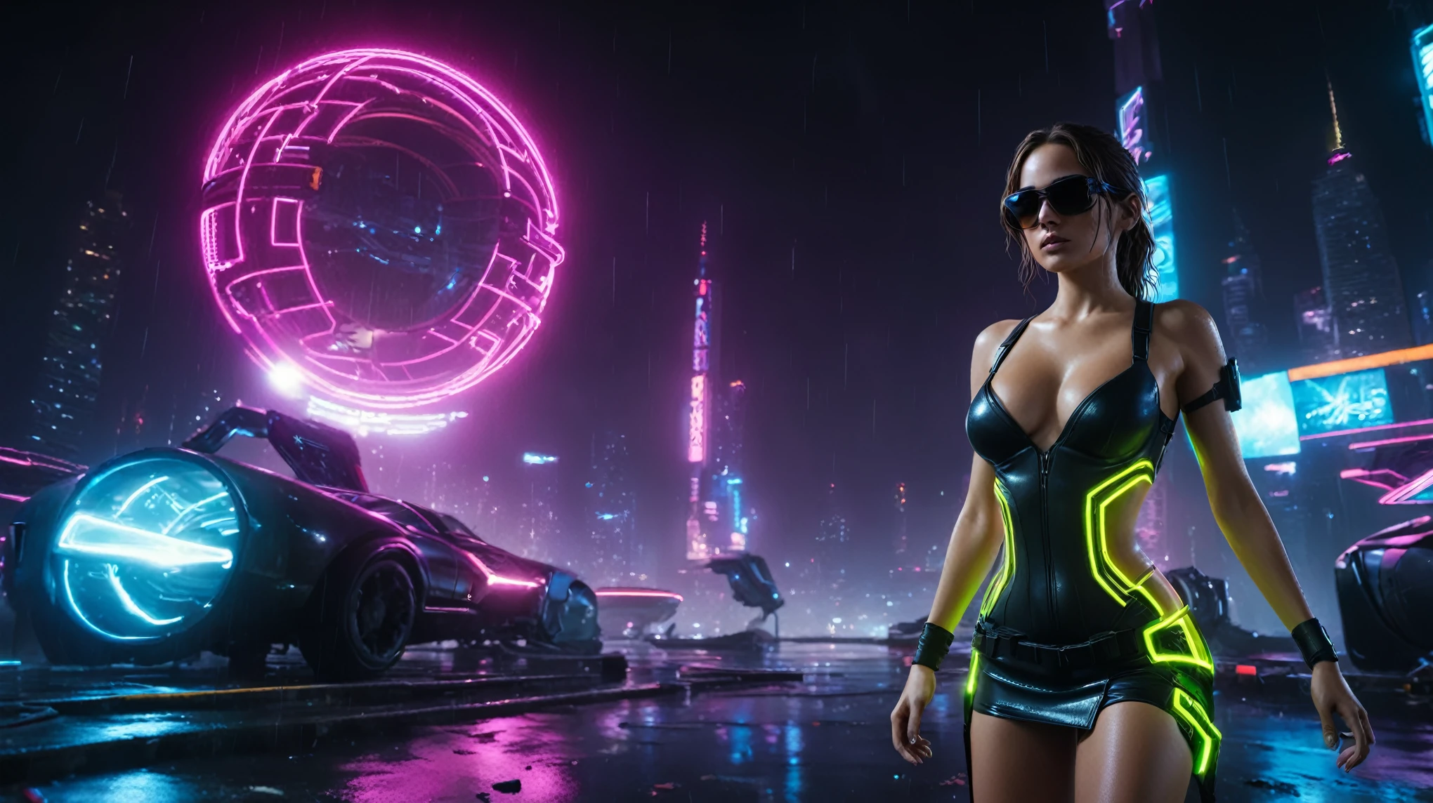 (aerial view, a flying cars docking platform, a very dark abandoned futuristic city, neon lights), rainy night. A girl as Lara Croft, solo, alone, large-breast:1.2 slim body, cleavage:1.1, sexy wind blowing wet dress:1.4, (headphone, black sunglasses), (((((she raised:1.8 a pistol:1.8 and took aim at viewer))))), dynamic pose, (((half-body thigh level medium shot))), cinematic lighting, lens flare, ray tracing.