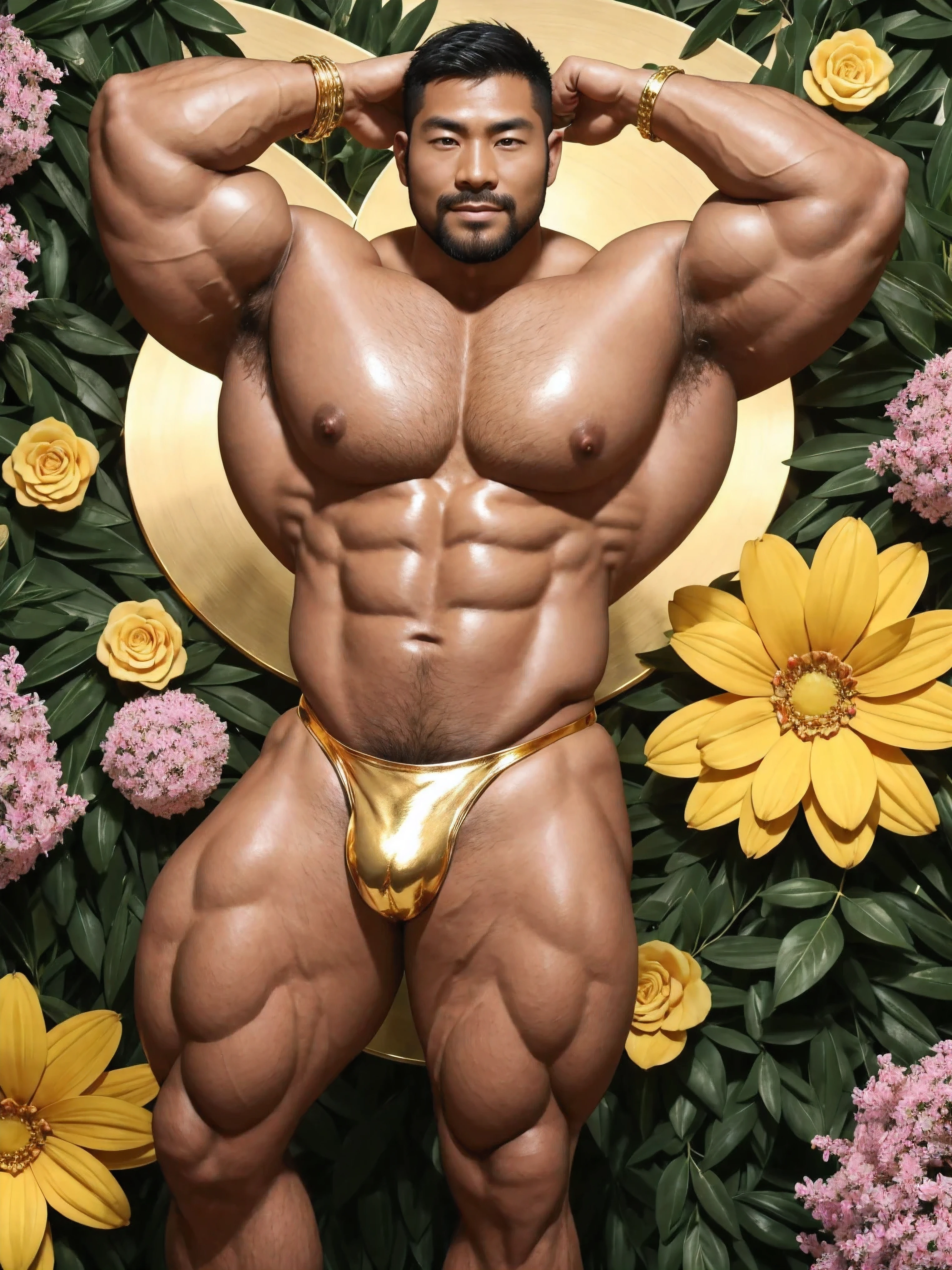 There is only one handsome Chinese man in the photo,35 years old,tall, Fitness,Smooth body,Smooth skin,No chest hair,short hair, O-Shaped Beard,Perfect body, Dark skin color,Radiant Skin,Smooth skin,Shiny, shiny skin,Smooth pectoral muscles,Muscle bulge, muscular, Very large pectoral muscles,Very sexy abdominal muscles,Very well-developed leg muscles,Huge concave and convex area,Brightens oily skin,Wearing a shiny gold leather thong,Handsome face,Normal human toes,Correct and accurate male body proportions,Gold Collar,Gold bracelet,Gold anklets,Stand among the flowers,The background is full of flowers。