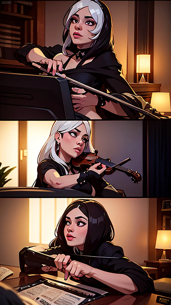 a beautiful young goddess and demoness playing violin and piano, future rap stars, masterpiece, ultra-detailed, photorealistic, octane render, dramatic lighting, intricate details, cinematic composition, vibrant colors, chiaroscuro, dark fantasy, elegant, mysterious, powerful