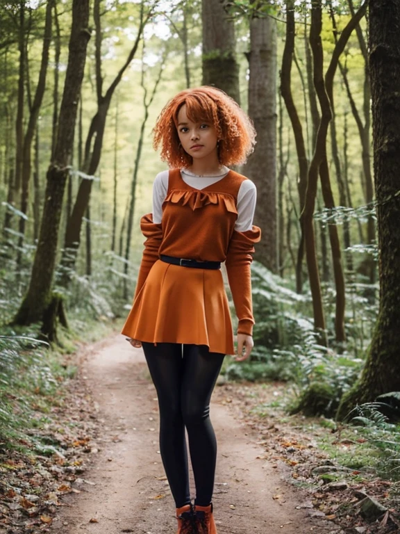 17 year old girl, Lovely, orange hair, Very short, Very curly, slim, flat bust, with freckles on the face, with slavic features, unknotting, leaning on tree, Whole body, two hands, shows her pretty legs, In the woods.