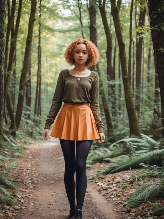 17 year old girl, Lovely, orange hair, Very short, Very curly, slim, flat bust, with freckles on the face, with slavic features, unknotting, leaning on tree, Whole body, two hands, shows her pretty legs, In the woods.