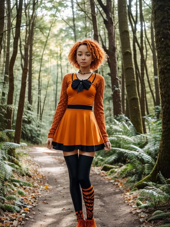 17 year old girl, Lovely, orange hair, Very short, Very curly, slim, flat bust, with freckles on the face, with slavic features, unknotting, leaning on tree, Whole body, two hands, shows her pretty legs, In the woods.