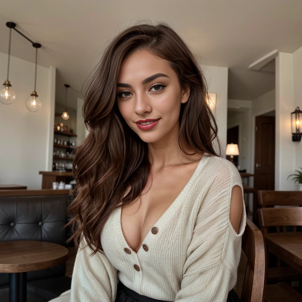 A 22-year-old woman with an elegant appearance. A 22-year-old model posing in a cozy coffee shop. The warm light from the shop creates a welcoming ambiance. My long, wavy chestnut hair cascades over my shoulders and frames my face, highlighting my green eyes. My full, dark red lips are shaped into a smile. My button nose is sprinkled with freckles, contrasting with my tanned skin. My eyebrows are thick and dark, giving me a seductive look. My cheekbones are high and defined, and my eyelashes are long and curled. My curves are accentuated. My pose is elegant and relaxed, with my body facing the camera and my face turned to one side. I’m wearing a cozy sweater and a high-waisted skirt. My hair is loose, and my makeup is light and natural. The shot is taken from a distance, with the camera positioned slightly lower to emphasize my beauty. There is a cozy, intimate atmosphere, and I am laughing and smiling, looking happy. My teeth are white. My hands are not in the frame. The photo quality is from an iPhone 13.
