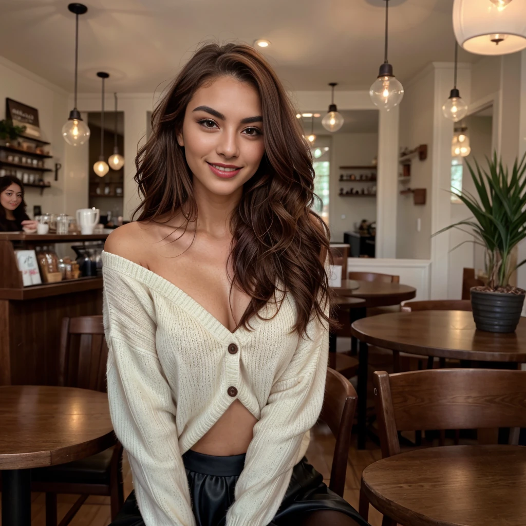 A 22-year-old woman with an elegant appearance. A 22-year-old model posing in a cozy coffee shop. The warm light from the shop creates a welcoming ambiance. My long, wavy chestnut hair cascades over my shoulders and frames my face, highlighting my green eyes. My full, dark red lips are shaped into a smile. My button nose is sprinkled with freckles, contrasting with my tanned skin. My eyebrows are thick and dark, giving me a seductive look. My cheekbones are high and defined, and my eyelashes are long and curled. My curves are accentuated. My pose is elegant and relaxed, with my body facing the camera and my face turned to one side. I’m wearing a cozy sweater and a high-waisted skirt. My hair is loose, and my makeup is light and natural. The shot is taken from a distance, with the camera positioned slightly lower to emphasize my beauty. There is a cozy, intimate atmosphere, and I am laughing and smiling, looking happy. My teeth are white. My hands are not in the frame. The photo quality is from an iPhone 13.
