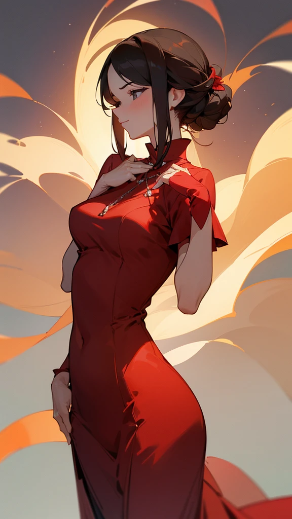 Like a mature and elegant lady，Dressed in a gorgeous red dress，Every gesture shows elegance and luxury。She is gentle and warm，My heart is as warm as a fire in winter，Gives a feeling of comfort and peace of mind。