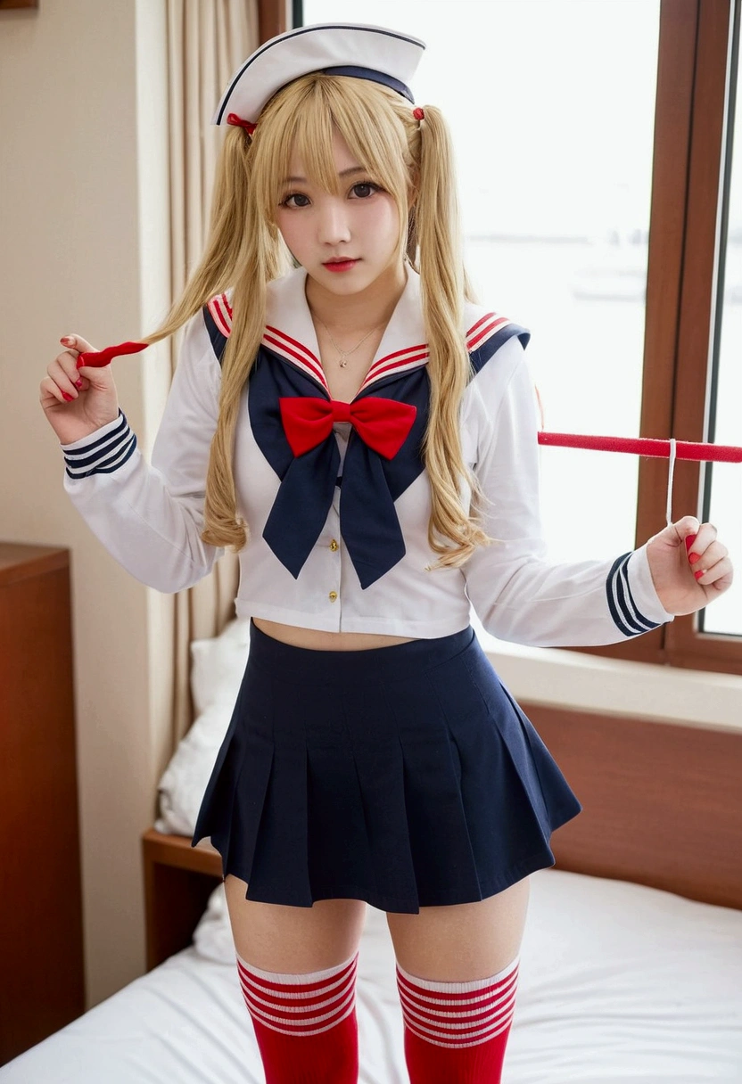 A beautiful girl with a German, innocent, lolita-like face, long wavy platinum blonde hair, wearing a sailor uniform with a belly button showing, 12 years old, big eyes