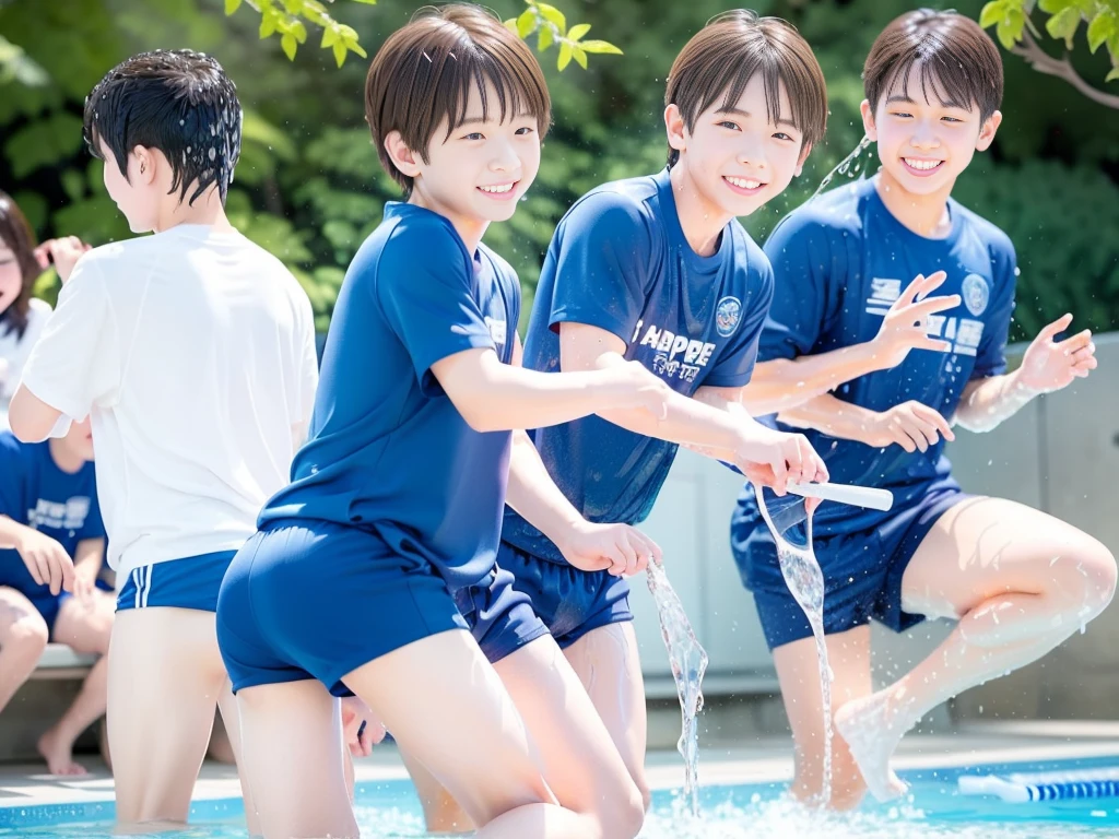 hot summer、primary school、Summer swimming pool、It is sunny、Pouring water on each other、Audible laughter、A lot of boys、Get wet all over、Japan Boy、Glowing water splashes、Pool lessons、Boy playing in water、The happy boys、Strong sunlight、Short sleeve gym uniform、Blue shorts、barefoot,There are only boys 、10age、Highest quality、masterpiece