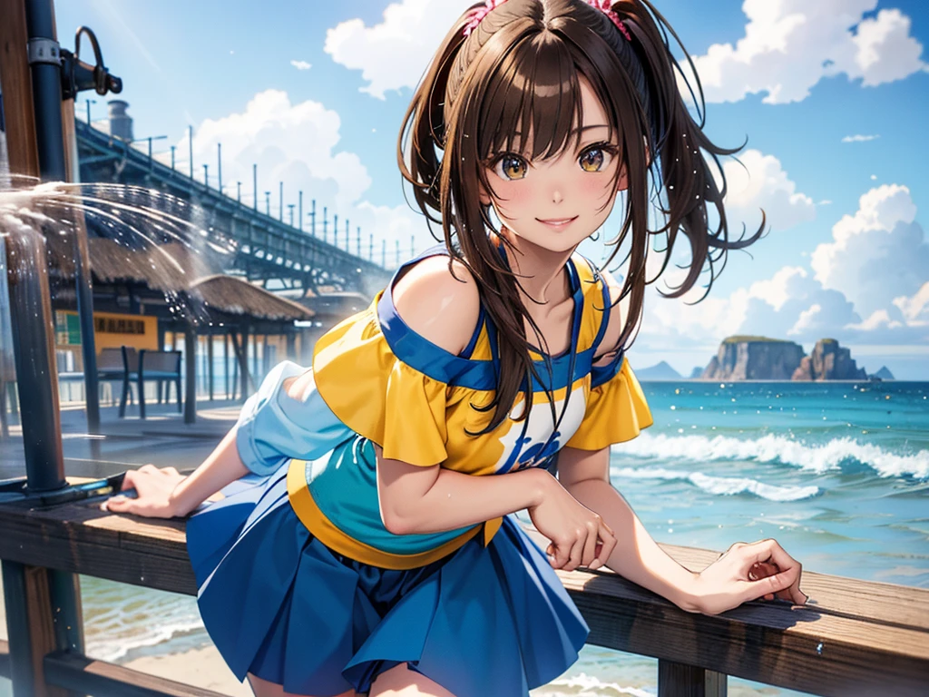 (masterpiece、Highest quality:1.2), Cowboy Shot, solo, One Girl, Seeing the viewer, (Highest quality, 8k, oil, Tabletop:1.2), Very detailed, (Realistic, Realistic:1.37), Vibrant colors, (((Frolic at the seaside)))、(((Spray water in front)))、Off-the-shoulder T-shirt、Yellow T-shirt、mini skirt、Blue Skirt、Side Ponytail、Brown Hair、smile、blue sky、horizontal line