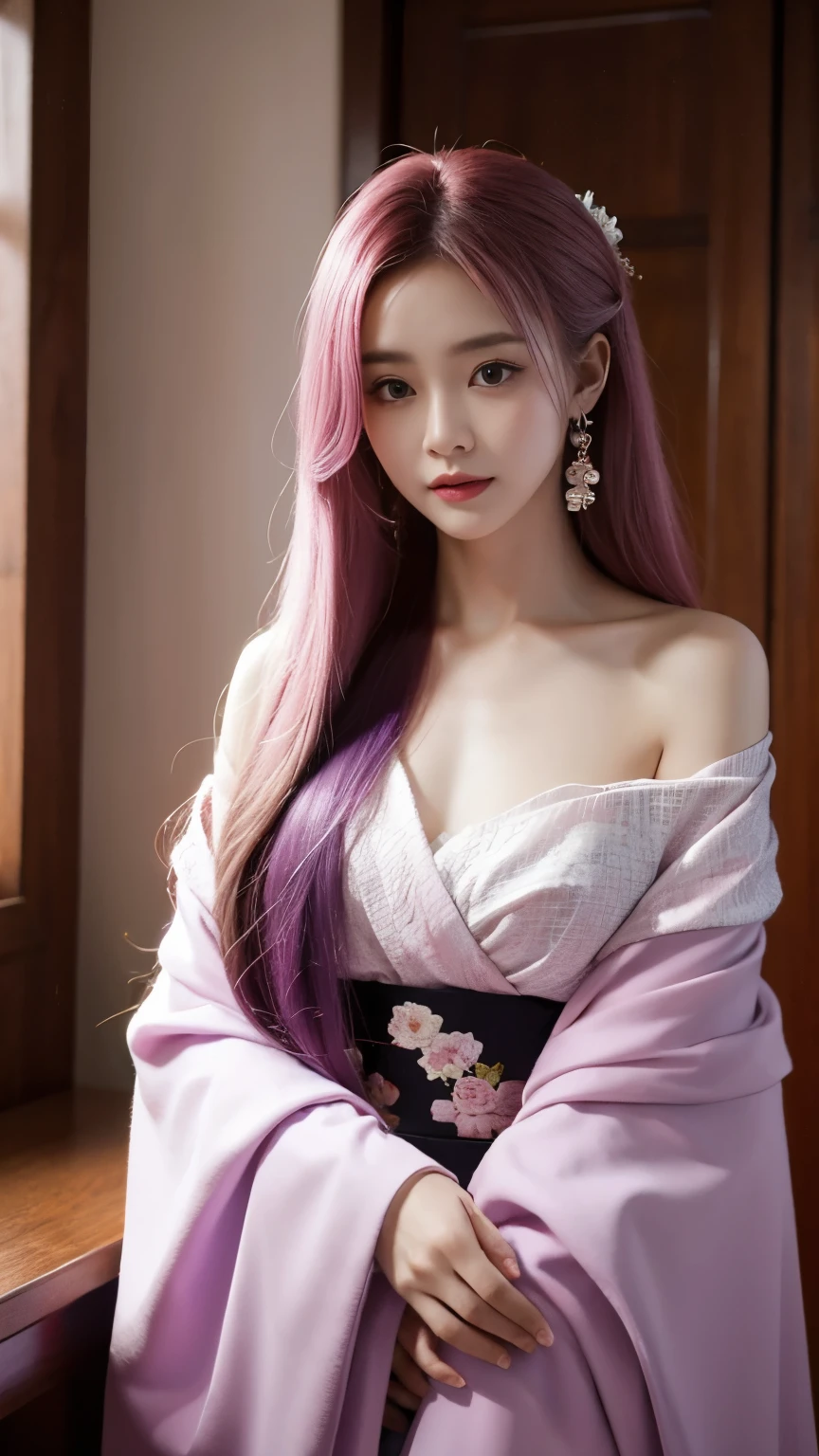 shenzi,1 Girl,long hair,pink hair,Purple Eyes,very long hair,hair_Decorations,Pink Kimono, (masterpiece, best quality:1.2), 1 Girl, Solitary, ((Off-shoulder clothes)), Deep in Wonderland，Moonlight falls like water，Foggy Room，The heroine&#39;s figure is vaguely visible，Like a fairy in a painting，Slender sexy legs，Very beautiful legs，Leaking sexy legs，Large Breasts，美丽而又带着一丝mystery的色彩。Her face is beautiful and delicate，Like a finely carved jade，Showing extraordinary beauty。The eyebrows are so pretty，The waves in my eyes are like twinkling stars，Show the light of perseverance and wisdom。The bridge of the nose is straight，Cherry lip color，The slightly upturned corners of the mouth reveal confidence and calmness。Her face is chiseled，Skin like jade，Reveal healthy glow，Just like fairies, She never eats worldly fireworks。Her makeup is light and delicate，No excessive embellishment，But it is enough to show her temperament and charm。Light foundation highlights the translucence of the skin，A light eyebrow pencil outlines her perfect eyebrow shape，Eye makeup is eye shadow and eyeliner，Make her eyes brighter、Energetic。嘴唇涂上grace的口红，Add a touch of charm and sophistication。她的衣服grace别致，Clothes fluttering，As if the wind will blow it up at any time，Drifting away。既不失grace，She also showed her extraordinary ball skills。Swaying with her movements。Her hair is tied back casually，Secure with a jade hairpin，A few strands of hair are fluttering gently in the wind，Add a touch of softness。Her figure looms in the fairyland，宛如一道Large Breasts美丽的风景线，Attracted everyone&#39;s concern。She seems like a fairy in wonderland，Large Breasts美丽、grace、mystery、Full of power。