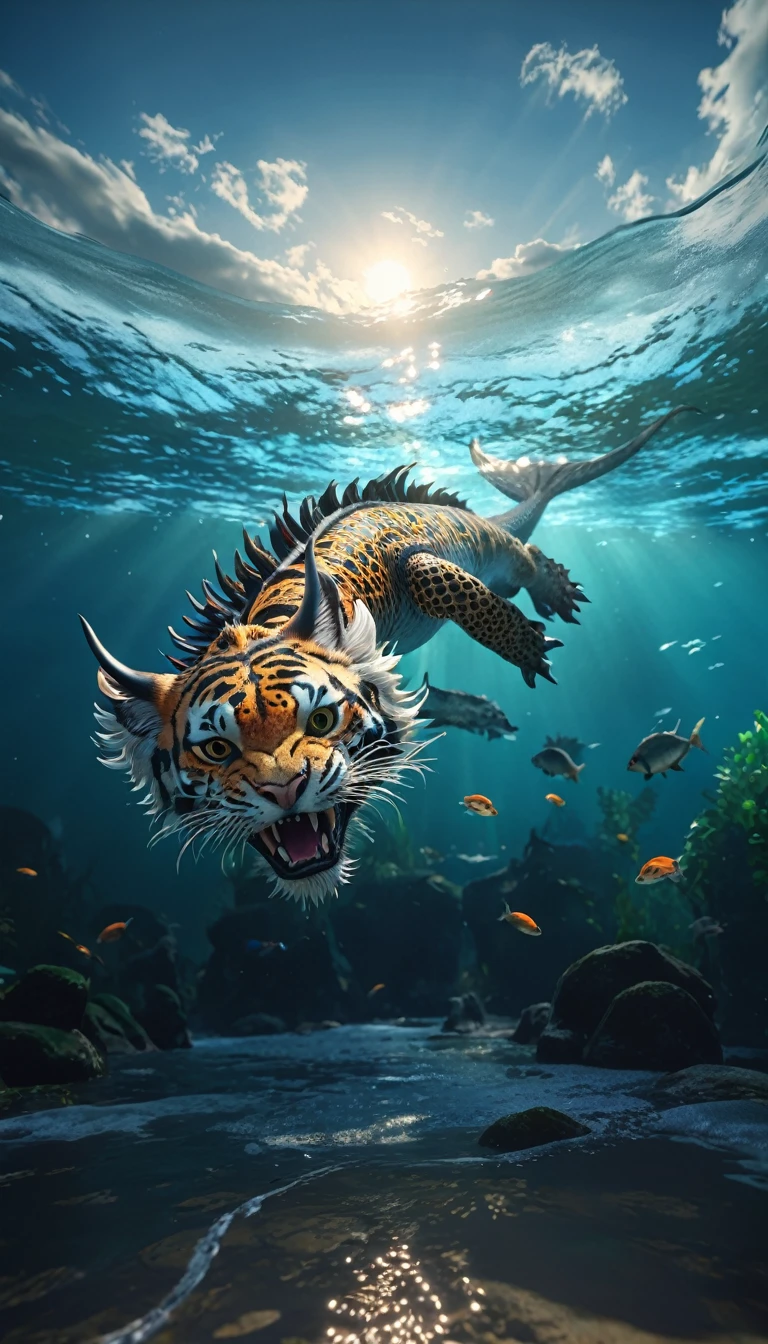 水中有一种Fantasy Creatures(best quality,4K,8k,High level,masterpiece:1.2),Ultra Detailed,(lifelike,Photo real,Photo real:1.37),Highly detailed animals,Complex patterns,Realistic lighting,Fantasy Creatures
