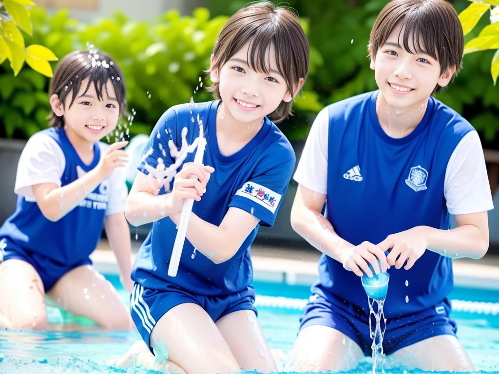 hot summer、primary school、Summer swimming pool、It is sunny、Pouring water on each other、Audible laughter、A lot of boys、Get wet all over、Japan Boy、Glowing water splashes、Pool lessons、Boy playing in water、The happy boys、Strong sunlight、Short sleeve gym uniform、Blue shorts、barefoot，There are only boys 、１０age、Highest quality、masterpiece