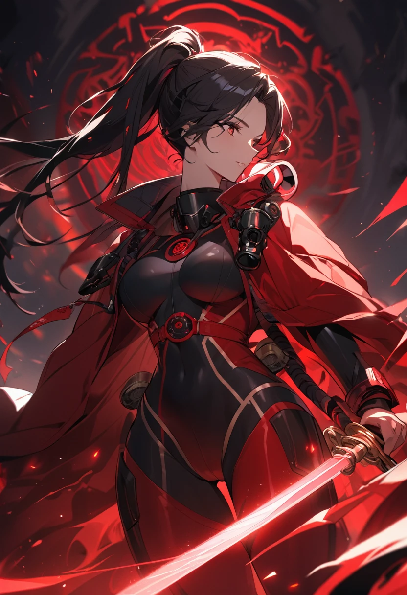 A woman,matured, perfect anatomy, high tech gas mask,long pony tail hair(black hair),red aura,red magic circle,long samurai sword,tight outfit,,closeup cinematic lighting, cinematic angle,side view
