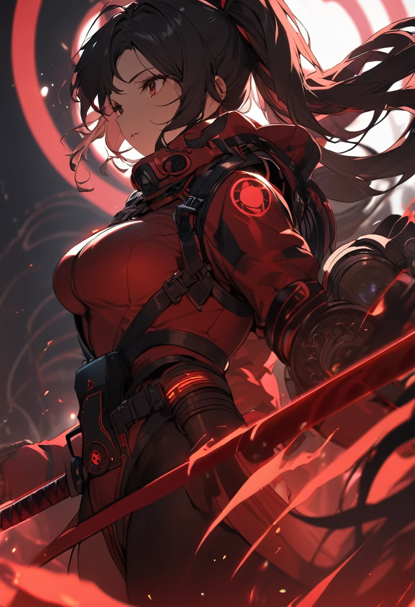 A woman,matured, perfect anatomy, high tech gas mask,long pony tail hair(black hair),red aura,red magic circle,long samurai sword,tight outfit,,closeup cinematic lighting, cinematic angle,side view